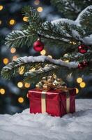 Red Christmas Gift with Gold Bow Under Snowy Pine Tree photo