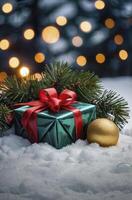 Festive Christmas Gift and Ornament on Snow with Holiday Bokeh Lights photo