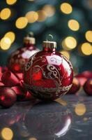 Red Christmas Ornaments with Gold Details and Ribbon on Reflective Surface photo