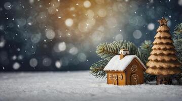 Gingerbread House and Christmas Tree with Falling Snow Festive Scene photo