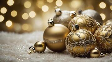 Golden Christmas Ornaments on Soft Surface with Sparkling Background Lights photo