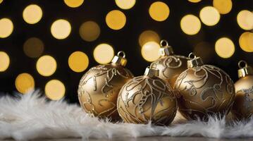 Elegant Gold Christmas Ornaments with Bokeh Lights and White Fluff photo