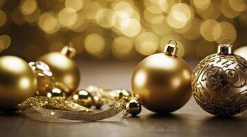 Golden Christmas Ornaments with Festive Ribbon on Wood Surface photo