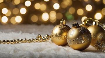 Golden Christmas Ornaments with Festive Lights on White Fluffy Surface photo