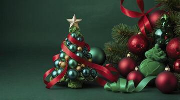 Festive Christmas Still Life with Tree Ornament, Baubles and Ribbon photo