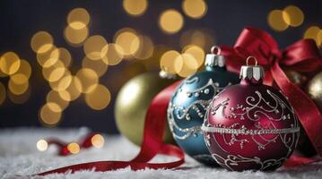Festive Christmas Ornaments on White Surface with Bokeh Background for Holiday Season photo