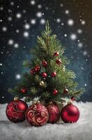 Decorated Christmas Tree with Ornaments and Snowflakes Falling, Festive Holiday Card photo