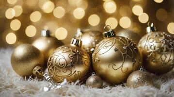 Golden Christmas Ornaments on Fluffy Surface with Bokeh Lights Background photo