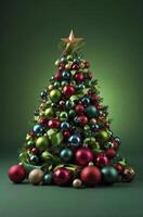 Decorated Christmas Tree with Ornaments and Ribbon Against Green Backdrop photo