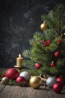 Celebrating Christmas with Decorated Tree Candle and Festive Ornaments on Wooden Table photo