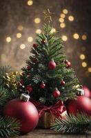 Festive Christmas Tree Decoration with Red Ornaments and Golden Gift photo