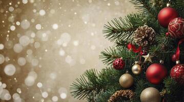Christmas tree with ornaments and decorations on a gold background photo