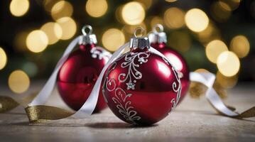 Festive Red Christmas Ornaments with Ribbon and Sparkling Lights Background photo