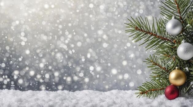 Christmas Tree Branch with Colorful Ornaments and Snow Falling Scene photo