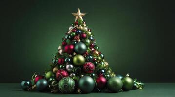 Decorated Christmas Tree with Ornaments and Star on Dark Green Background photo