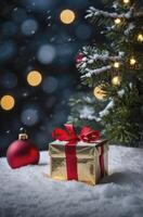 Christmas Gift Box with Ornament and Snowy Evergreen Branch Scene photo