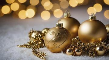 Golden Christmas Ornaments on Fluffy Surface with Bokeh Lights Backdrop photo