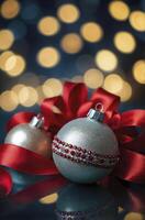 Two silver balls with red ribbon on a blue background photo