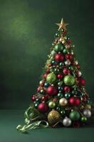 Decorated Christmas Tree with Ornaments and Star Against a Green Backdrop photo