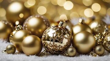 Golden Christmas Ornaments on White Fluff Background for Holiday Season photo