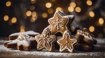 Gingerbread Star Cookies Stacked with Icing and Powdered Sugar Decoration photo