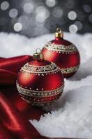 Festive Red Christmas Ornaments on Snow with Ribbon and Bokeh Lights photo