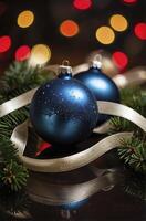 Festive Blue Christmas Ornaments with Ribbon and Holiday Lights Backdrop photo