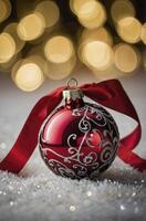 Festive Red Christmas Ornament with Ribbon and Bokeh Lights Background photo