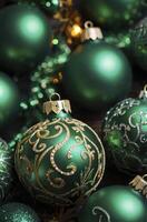 Elegant Green Christmas Ornaments Display Creating Festive Holiday Background photo