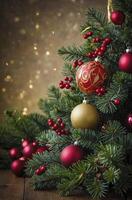 Decorated Christmas Tree with Ornaments and Berries on Wooden Surface photo