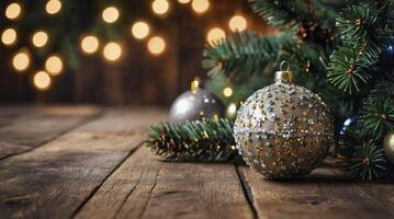 Decorating Christmas Tree with Ornaments and Lights on Wooden Surface photo
