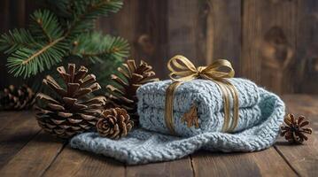 Wrapped Knitted Scarf with Pine Cones and Fir Branch for Christmas photo