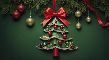 Festive Christmas Tree Ornament with Red Bow and Gold Baubles photo