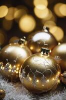Golden Christmas Ornaments with Bokeh Lights and Decorative Festive Details photo