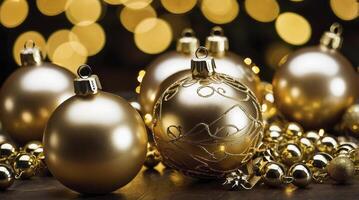 Golden Christmas Ornaments and Beads with Bokeh Lights Holiday Decoration photo