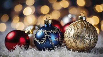 Festive Christmas Ornaments on White Fluff with Bokeh Lights Background photo
