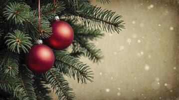 Festive Christmas Tree Decoration with Red Ornaments and Winter Snowflakes photo