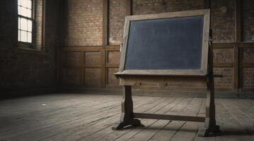 Vintage Blackboard Standing in Empty Room with Wooden Floor and Window photo
