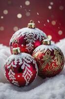 Red Christmas Ornaments Decorated with Snowflakes on a Snowy Surface photo