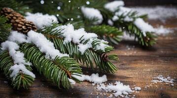 Snow Covered Pine Branch with Cone on Wooden Table Background photo