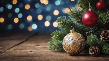 Decorating Christmas Tree with Ornament and Pine Cones on Rustic Wood photo