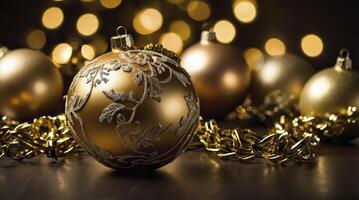 Elegant Gold Christmas Ornaments with Decorative Garland and Bokeh Lights photo