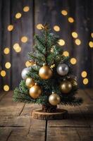Decorated Christmas Tree on Wood with Bokeh Lights Background photo