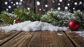 Christmas Scene with Ornament Snow and Pine Bough on Wooden Table photo
