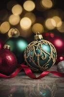 Festive Christmas Ornaments with Ribbon and Glowing Bokeh Lights Backdrop photo