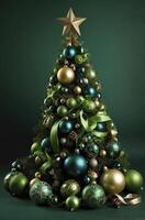 Decorated Christmas Tree with Ornaments and Star Topper on Green Backdrop photo