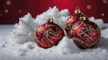 Red and Gold Christmas Ornaments Lying on Snow with Branch photo