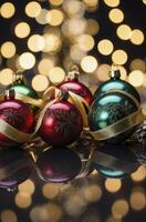 Festive Christmas Ornaments on Reflective Surface with Bokeh Background Lights photo