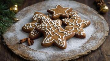 Gingerbread Cookies with Icing on Rustic Wood Platter for Holiday Treat photo