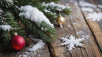 Festive Christmas Decoration with Snowflakes and Ornaments on Wooden Background photo